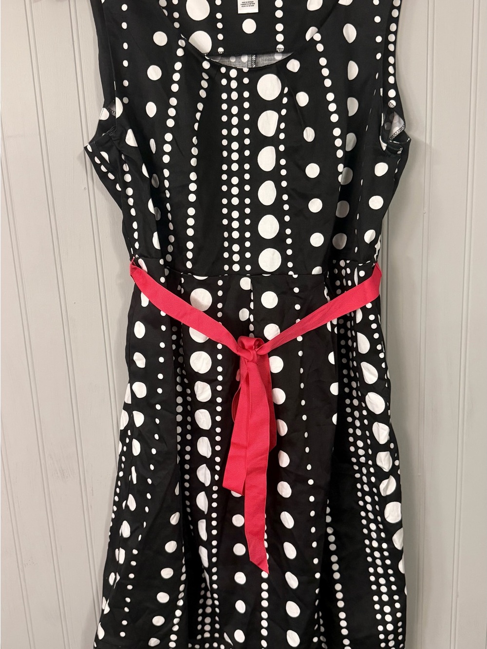 Maternity Black & White Polka Dot Sleeveless Dress with Pink Tie Belt